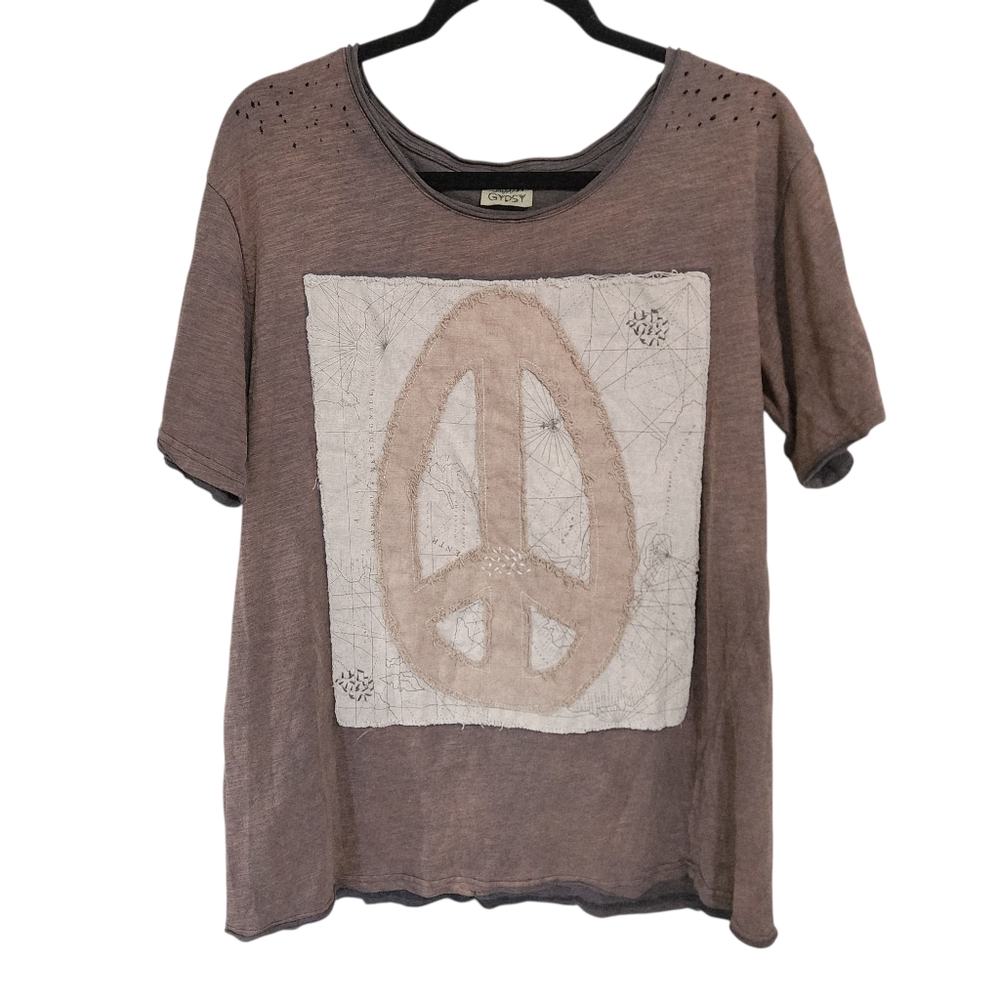 Jaded Gypsy Top S/M Brown Peace Tattered Tee 100% Cotton Hippie Indie